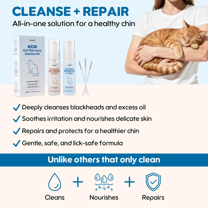 Cat Chin Care Kit – Feline Acne Treatment Set with Cleanser, Nourishing Serum & Soft Brush – Removes Blackheads, Soothes & Repairs Skin – Safe, Gentle & Vet Recommended