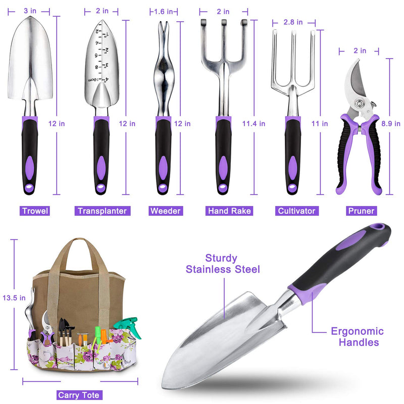 Garden Tools Set 83 Piece, Succulent Tools Set Included, Heavy Duty Aluminum Gardening Tools for Gardening, Non-Slip Ergonomic Handle Tools, Storage Tote Bag, Gifts Tools for Women Purple