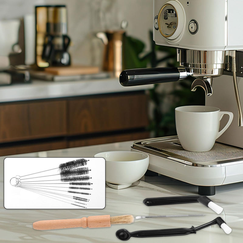 14pcs Coffee Machine Cleaning Brush Set, Wood & Plastic Espresso Grinder Maker Cleaner Kit Multifunctional Brushes for Portafilter Burrs Mugs Bottles Home & Commercial Use