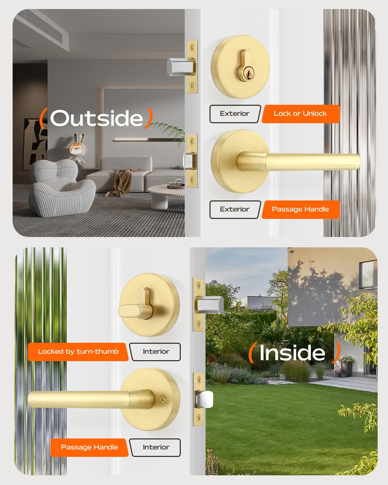 Leydebong 1 Pack Gold Front Door Locksets with Deadbolt, Satin Brass Door Handles, Combination Door Lock, Keyed Alike Exterior Door Lever Satin Brass - Keyed Alike Deadbolt Lock Set