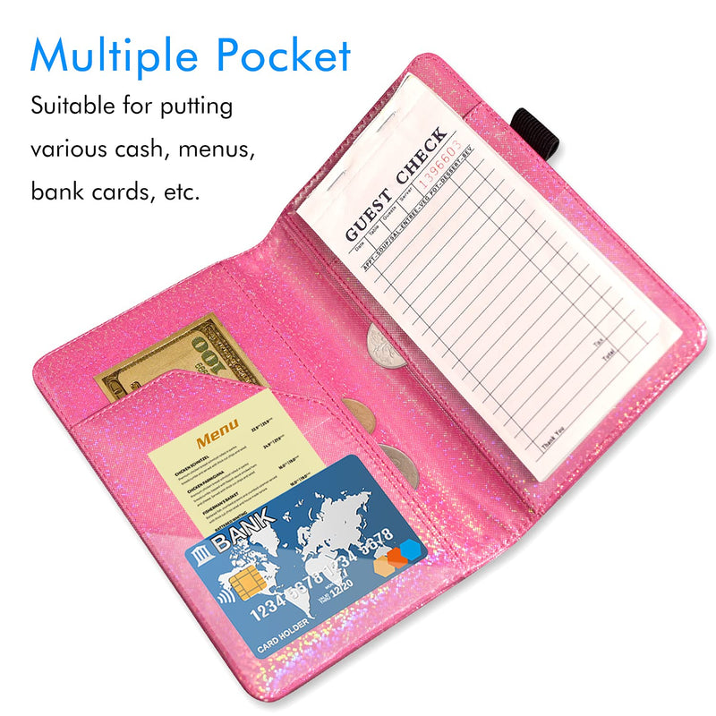 ACdream Server Books for Waitress, Guest Book Note Pad, Cute Pocket Leather Money Organizer Wallet, Cash Check Bill Receipt Holder Presenter, Waiter Accessories, Hot Pink Glitter E- Hot Pink Glitter