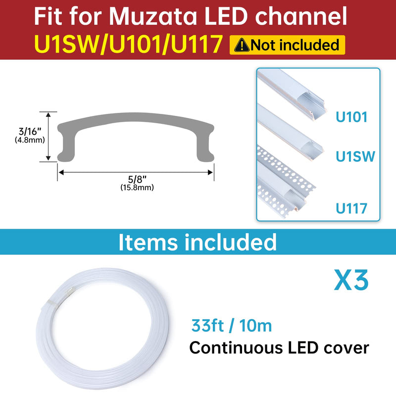 Muzata 3PACK 33FT/10M Continuous Milky White LED Cover Tape Light Seamless Plastic for U1SW U Shape Anti-UV Channel LC03 WW (ONLY Cover No Aluminum LED Channel Included) 15mm*4mm Milky White-Continuous
