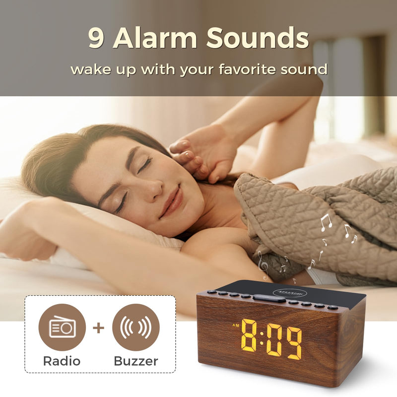 ANJANK Wooden Digital LED Alarm Clock FM Radio, Fast Wireless Charger Station for iPhone/Samsung Galaxy, 5 Level Dimmer, USB Charging Port, 9 Sounds, Sleep Timer for Bedroom, Bedside, Desk Brown