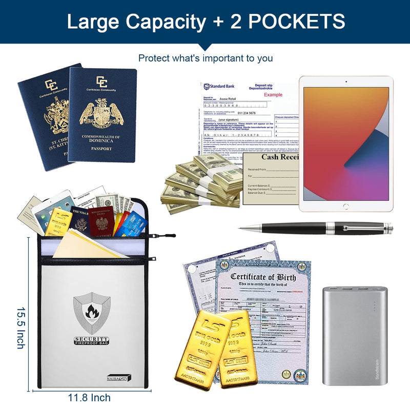 Upgraded Fireproof Document Bag (15.5”x 11.8”) with Reflective Strip, 2 Pockets Fireproof Money Bag Metal Zipper & Strap Fireproof Bag for Documents, Cash,Passport,Jewelry,Valuables Upgraded