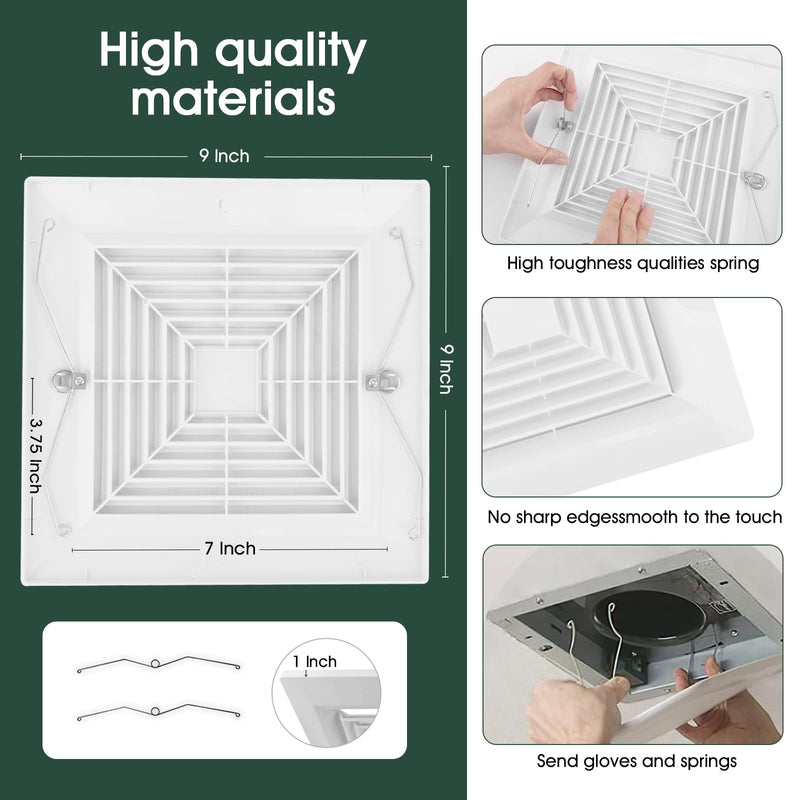 White 1 Piece ( 9 “x 9 ”Inch) Bathroom Exhaust Fan Cover with Spring, Square Ceiling or Wall Mounted Exhaust Fan, Ceiling Fan, Grille, Air Diffuser, Diverter Ventilation Hood, Replacement Accessories 9”x9“