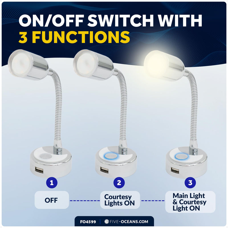 Five Oceans LED Reading Light with USB Charging Port, 12V Warm White, Touch On-Off Switch, Flexible Gooseneck Style RV Interior Lighting for RV, Boat, Camper - FO4599