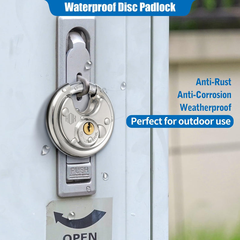 HOX Keyed Disc Padlock, Stainless Steel Keyed-Alike Padlocks, 4-Pack Heavy Duty Locks, Waterproof Outdoors Lock with 3/8 Inch Shackle, 2-3/4 Inch Wide Body, for Hasp Latch, Fences, Storage Locker DP-4P