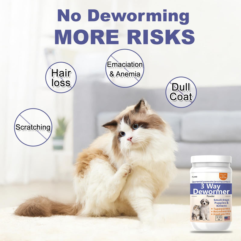 FLIKO 3-Way Dewormer for Small Dogs, Puppies, Cats & Kittens, Puppy Dewormer for Tapeworms, Roundworms & Hookworms, Pyrantel Pamoate & Praziquantel, 100 g (Powder)