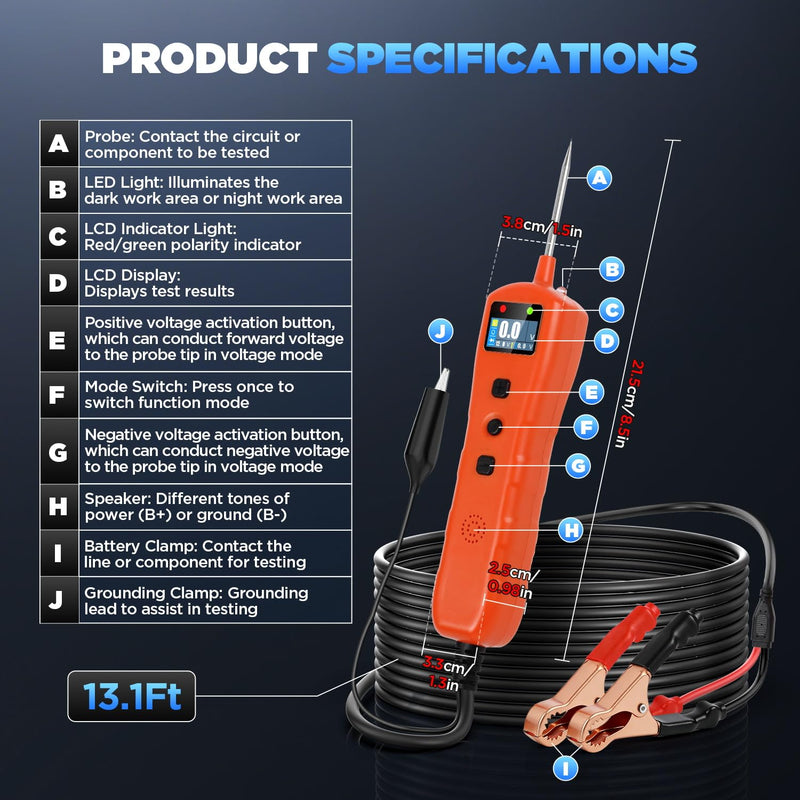 Power Circuit Probe Tester, 9V-30V DC Automotive Short Circuit Finder with 13ft Cable, Auto Electrical Tester wih LED Light, Automotive Test Light, Overload Protection