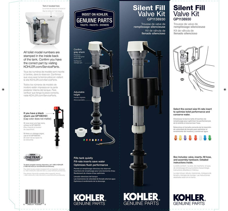 KOHLER Silent Fill Toilet Valve Kit, Genuine Part GP1138930, Adjustable with Multiple Fill-Rate Inserts