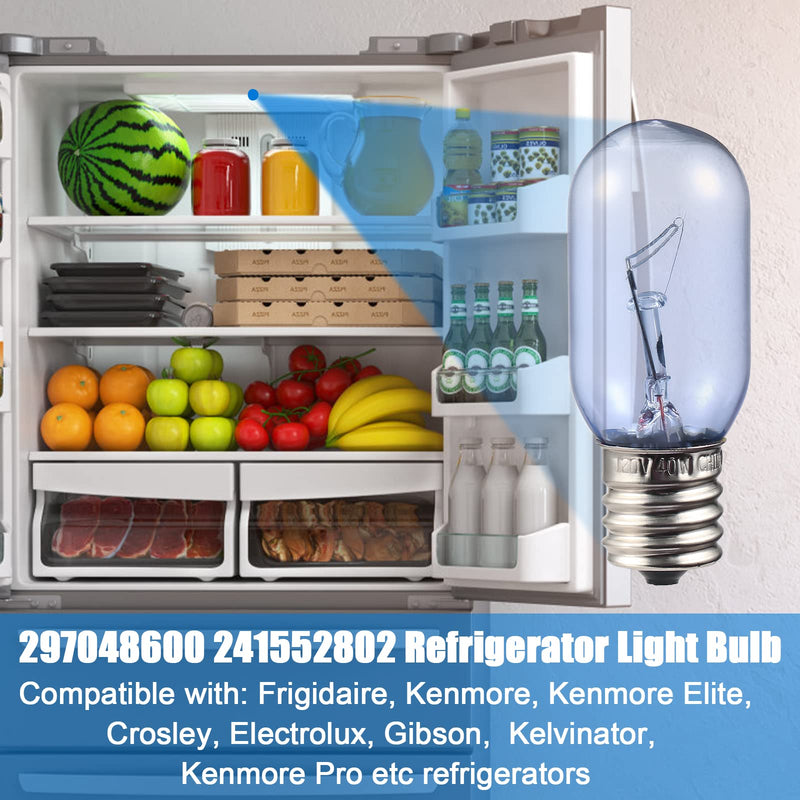 297048600 241552802 Refrigerator Light Bulb Replacement for Frigidaire Whirlpool KitchenAid Electrolx Kenmore Fridge Light Bulbs Freezer Light Bulb Replacement-T8 E17 40W (2 Pack) 2 Pack