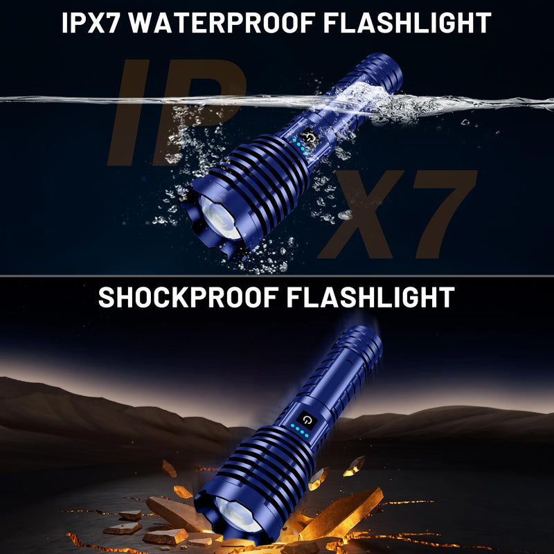 Flashlights 5000.000 High Lumens, Super Bright LED Rechargeable Flash light, Long Battery Life, Hoslter, Powerful Waterproof Handheld Flashlights with Zoomable 5 Modes for Emergencies Camping (Blue)
