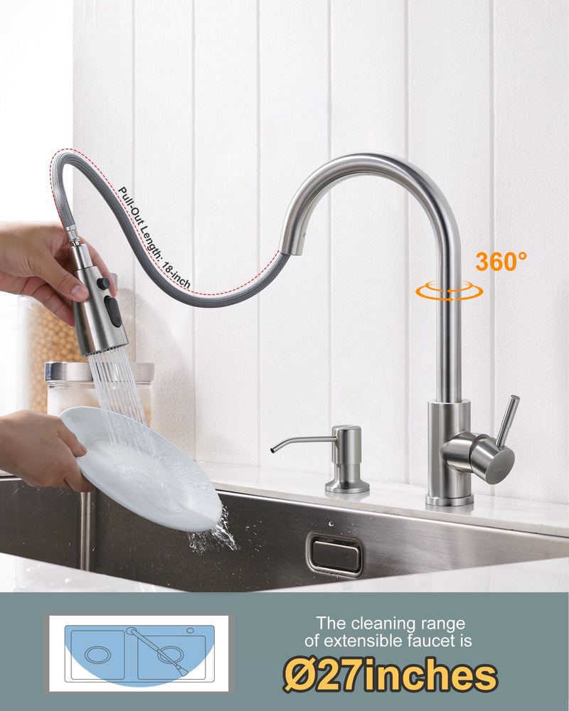 WOWOW Kitchen Sink Faucet with Soap Dispenser, Stainless Steel Pull Down Kitchen Faucet Brushed Nickel Utility Sink Faucet Single Handle High Arc Kitchen Tap for Sink, RV, Laundry, Bar Kitchen Faucet with Soap Dispenser A: Brushed Nickel