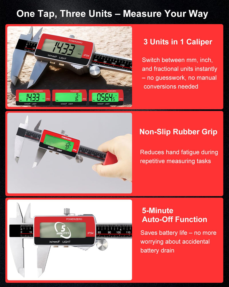 GODSEON 6" Digital Caliper, USB-C Rechargeable Backlight LCD ±0.001" Accuracy, Inch/mm/Fraction Units 5 Modes Auto-Off, Stainless Steel Calipers for DIYers Woodworkers Jewelers, 3D Printing