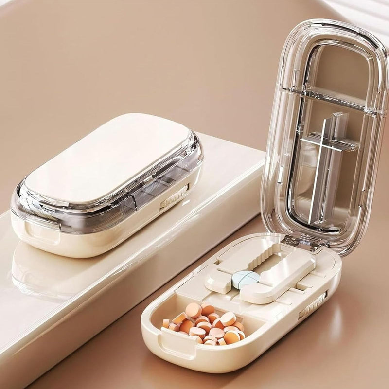 Pill Cutter for Cutting Multiple, 1/2 1/4 Pill Splitter for Large, Small and Tiny Pills, Portable Pills Cutter,Storage Organizer, Accurate Centering Alignment Device (White) White