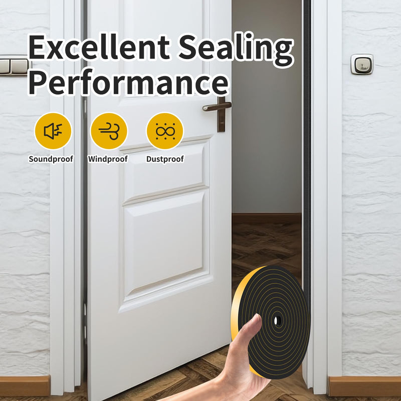 Weather Stripping Door Seal,Weather Stripping,Soundproof,Cold Insulation,High Density CR Foam Insulation Tape for Door, Front Door Frame, Windows,Sliding Door (Black, 1/2 in x 1/4 in x 13Ft) Black