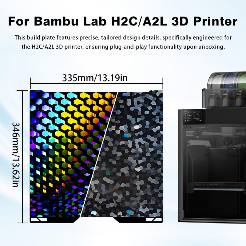 Holographic H2C/A2L Build Plate for Bambu Lab 335x325mm, Flexible Smooth PEG H2C Print Plate for Bambu Lab H2C/A2L 3D Printer Bed Platform Diamond Grid+ Water Cube PEG