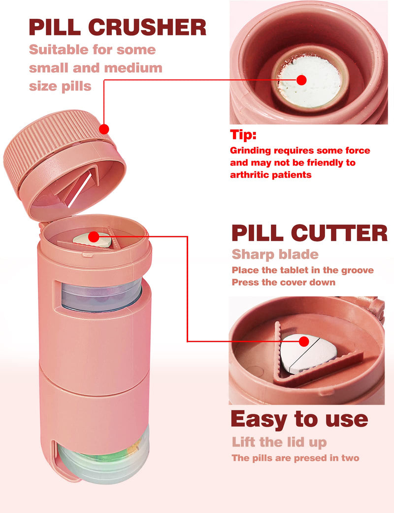 3 in 1 Portable Pill Cutter&Crusher with Pill Holders 7 Day Small Compartments, Pill Splitter and Grinder for Pills,Tiny Round Daily Medicine Storage,Small Travel Pill Box for Purse(New Pink) New Pink