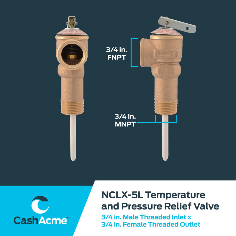 Cash Acme 3/4 Inch NCLX-5L Temperature and Pressure Relief Valve, Push to Connect Brass Plumbing Fittings, Copper, CPVC Pipe, 150 PSI, 18821-0150