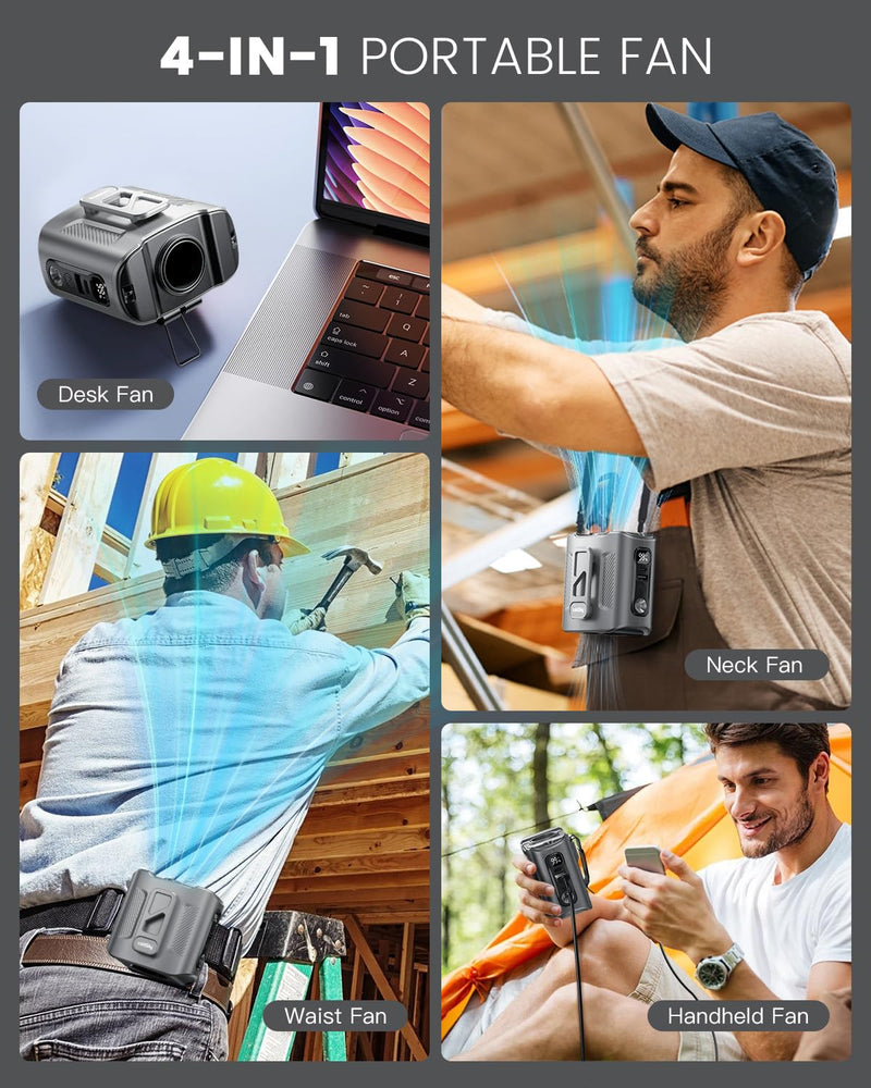 coldSky Portable Waist Fan, 10000mAh Rechargeabl with LED Display & 60H Runtime, 11000RPM Brushless Motor Shirt Fan, 5 Speeds for Outdoor Work, Camping, Farm, Jobsite (Gray) Grey