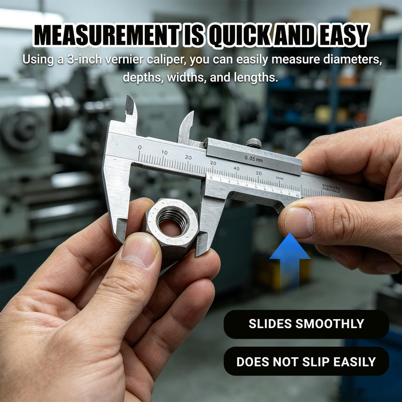 Vernier Caliper, 50mm Vernier Caliper, Measuring Tool 0.05mm Accuracy Metric Imperial Dual Scale Stainless Steel Range 0‑50mm Inside Outside Depth Step Measurements