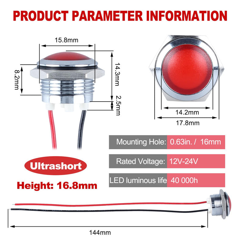 2Pcs 16mm 12V-24V 20mA Metal Energy Saving LED Indicator Light Spherical Round Signal Lamp 0.47" Mounting Hole Waterproof with 15cm/5.91in. Wire for Car Truck Boat Red LED