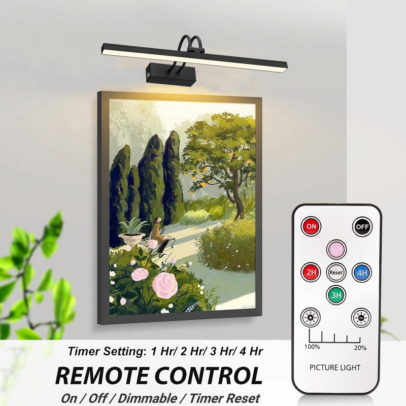 FUNCHDAY Picture Light, Wireless Rechargeable Gallery Light with Remote, 280LM Dimmable Painting Art Lighting Battery Operated, 16" Metal Picture Lights for Wall Art,Paintings,Mirror (Black) Black 16 Inches