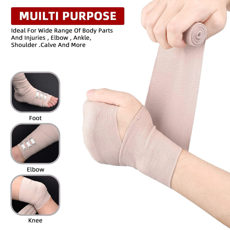 Elastic Bandage Wrap 4 Pack(2 X 3 + 2 X 4 Wide Rolls) + 24 Clips | Stretch Compression Bandage Stretches up to 15ft | Ideal for Medical, Sports, Sprains, Calf, Ankle & Foot 4 Count (Pack of 1)