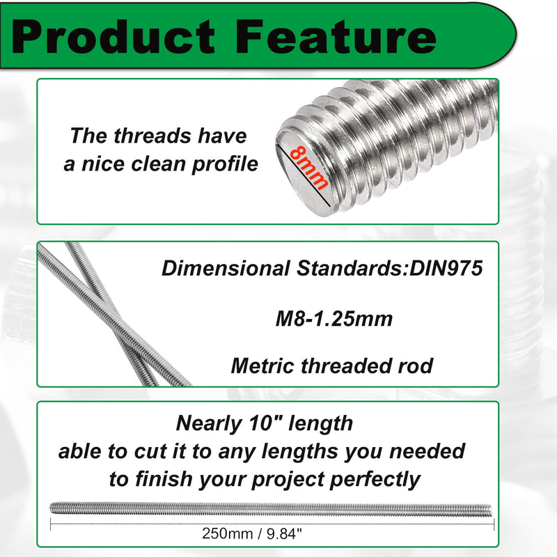 M8x250mm Fully Threaded Rod M8-1.25 2 Pcs Thread Rod 304 Stainless 10" Length Steel Right Hand Threads Metric Threaded Rod All Threaded Rod Studs Battery Post Extended