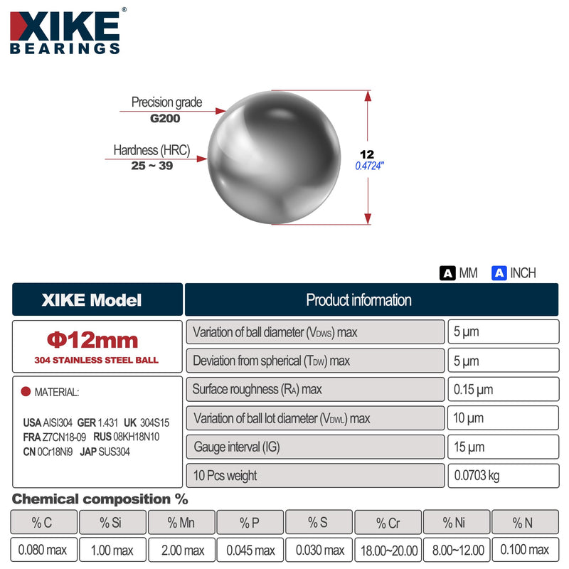 XIKE 10PCS 14mm S304 Stainless Steel Precision Bearing Balls 10