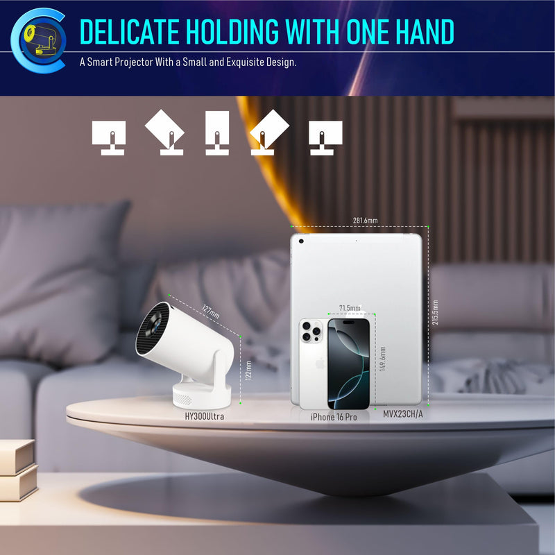 Mini Projector, HY300Ultra Portable Projector with WiFi 6 and Bluetooth 5.4, 4K Support,5W Soundbase Speaker, Android11.0, 180° Rotation, Compatible with TV Stick Smartphone HDMI Manual Focus