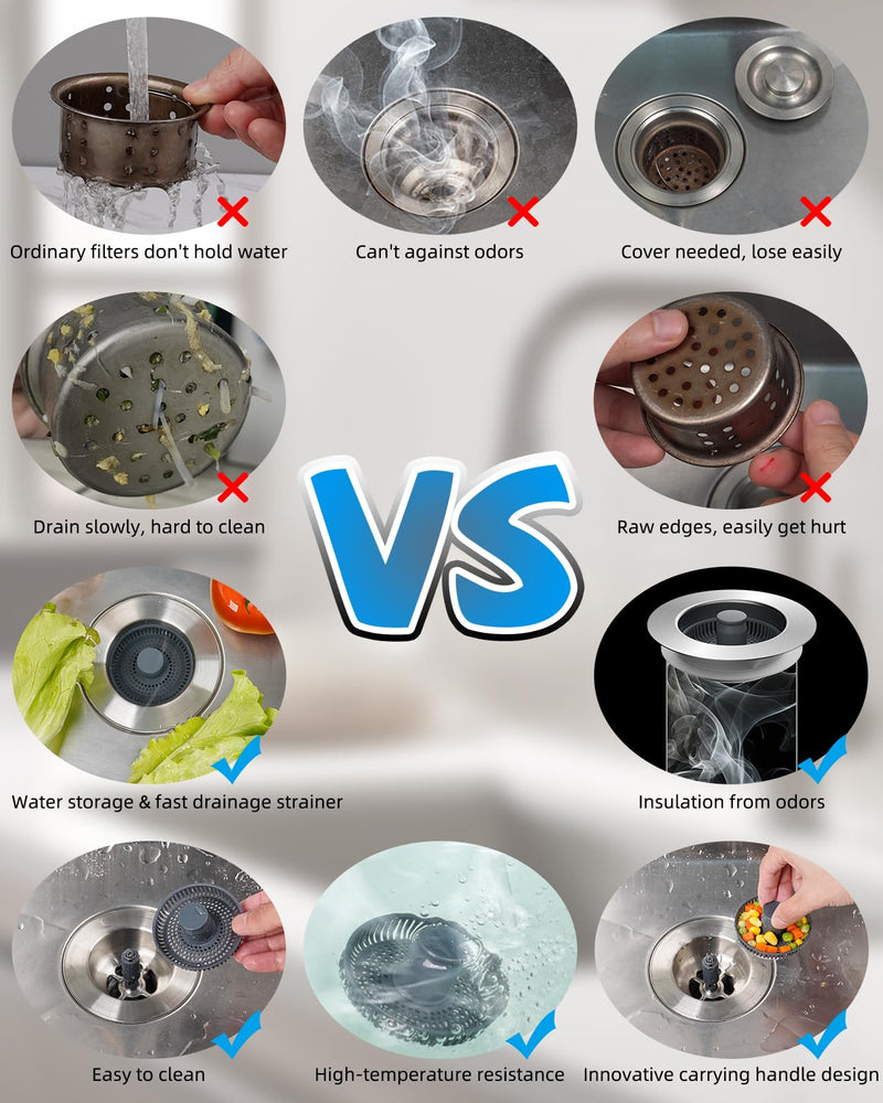 Hibbent Upgraded 3 in 1 Kitchen Sink Drain Strainer and Stopper Combo, Stainless Steel Metal Pop Up Sink Stopper, Anti-Clogging Basket Strainer with Handle for US Standard 3-1/2 Inch Drain Chrome