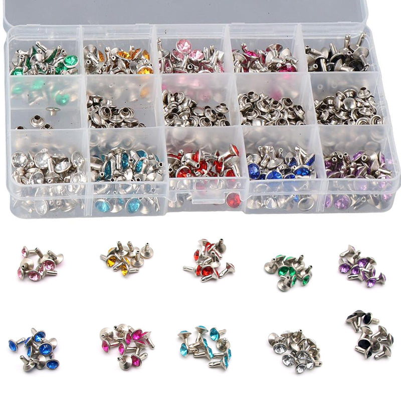 Uniquer 300 Sets 8MM Cz Crystal Rivets 10 Colors Rhinestone Rivets Studs Rapid Rivets Accessories for DIY Leathercraft Making