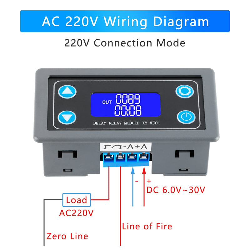 XY-WJ01 Delay Relay Module Timer Delay Relay Module DC 6-30V 12V 24V 0.01s-9999min 50mA Digital Timer Delay Period Switch Module AC 220V Power On-Off Controller LCD Display Switch Button