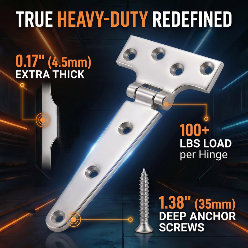 6" Heavy Duty T Hinges, 316 Stainless Steel Strap Hinges for Boat, Barn Door & Wooden Gate, Rustproof Polished Tee Hinge with Extra-Long 1.38" Screws (0.17" Thick), 2 Pack