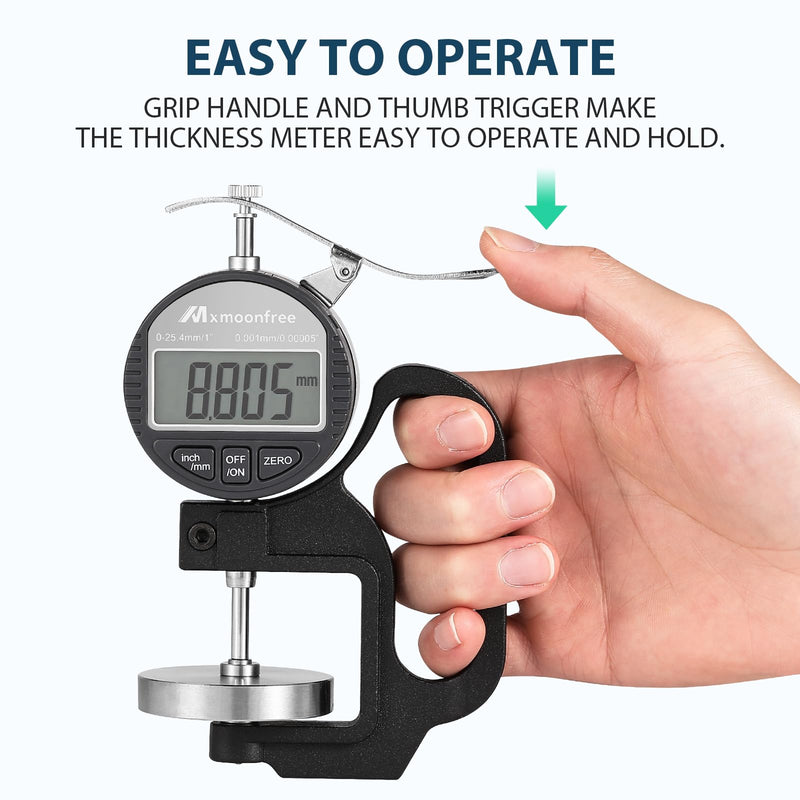 Digital Thickness Gauge 0.001mm/0.00005" | 0-25.4mm/1.0" Electronic Micrometer Thickness Meter with LCD Display, Unit Conversion, Storage Case, Extra Battery