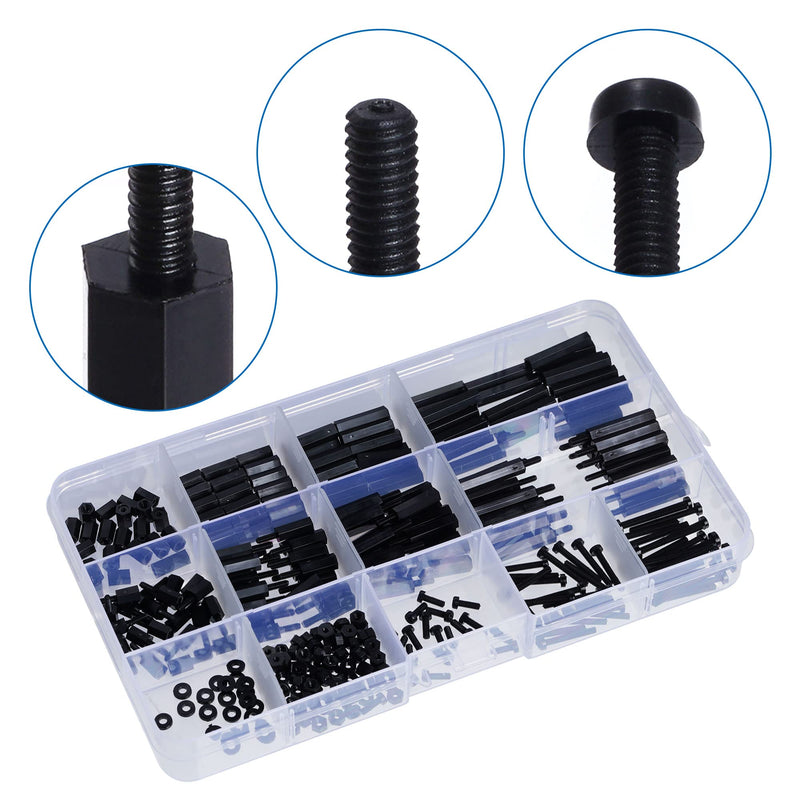 Lystaii 320pcs M2 Nylon Hex Spacer Standoff Kit Male Female Screw Nut Threaded Pillar Hex Standoff PCB Motherboard Circuit Board Standoffs Mounting Hardware Spacer Assortment Kit (Black, M2) Black