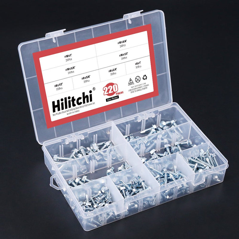 Hilitchi 220-Pieces Zinc Plated Hex Washer Head Self Drilling Sheet Metal Tek Screws Assortment Kit