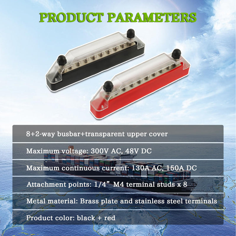 BOJACK Power Distribution Terminal with Cover 2 x 1/4"(M6) Terminal Studs, 8 x M4 Terminal Screws, Red and Black Marine Battery Bus Bar Block with Ring Terminals for Automotive Boat Solar Wiring 2*M6 Studs&8*M4 Screws-BK+R
