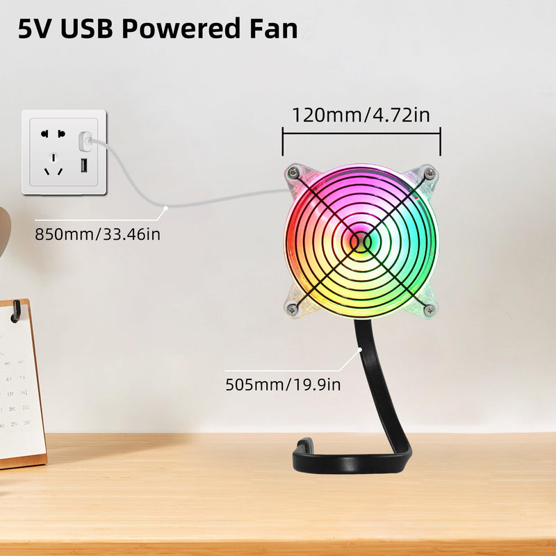 4.72in 120mm USB Cooling Fan with Gooseneck Mount and LED Light Quiet Fan Multicolored