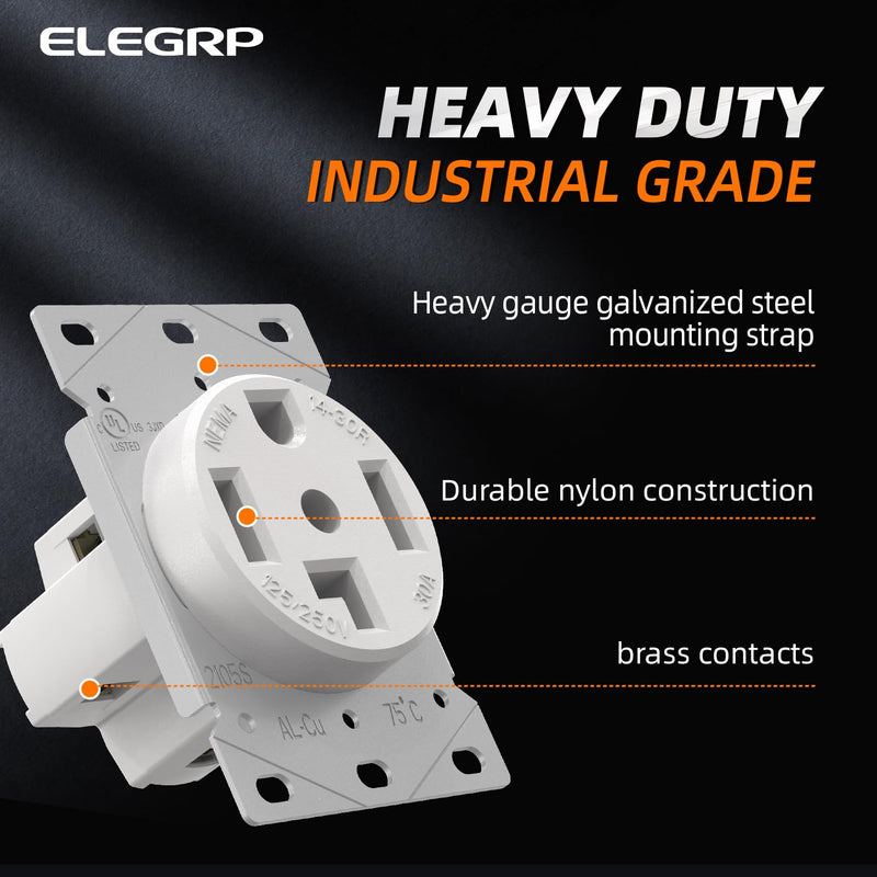 ELEGRP White 30 Amps 125/250V Dryer Outlet, Flush Mounting Power Outlet, NEMA 14-30R, Straight Blade Heavy Duty Dryer Receptacle, Grounding, 3 Pole 4 Wire, UL Listed, 1 Pack NEMA 14-30R Outlet