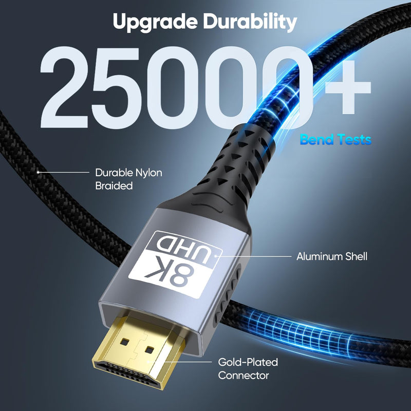 8K Long HDMI Cable 25 FT, 48Gbps Ultra High Speed HDMI 2.1 Cable Braided Cord, 8K@60Hz 4K@120Hz, eARC, HDR10+, HDCP 2.3 for Long-Distance TV/Laptop/PC/Monitor/PS5/X-box/Projector/Blu-ray
