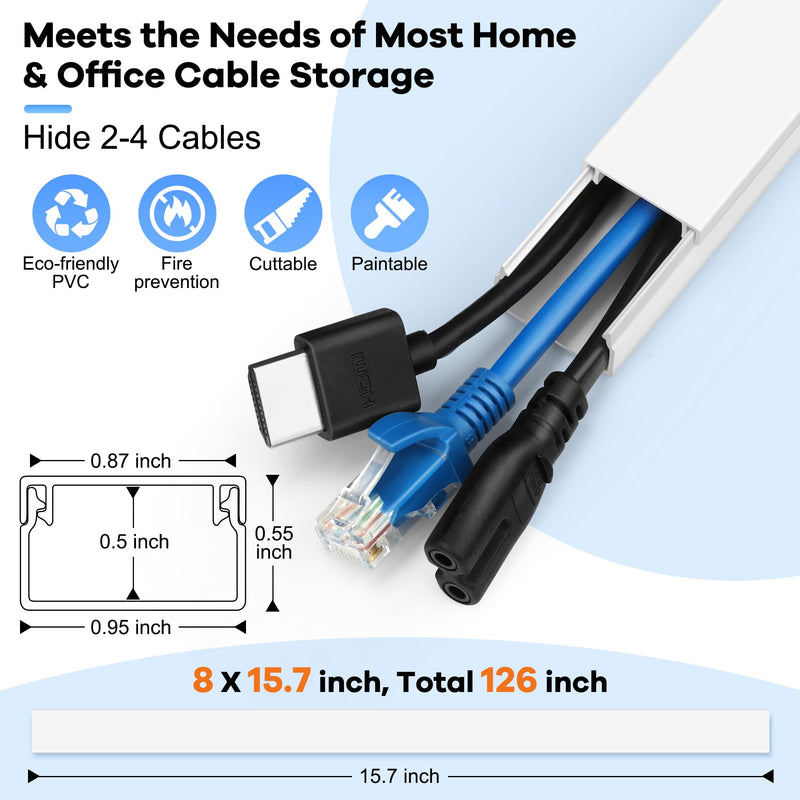 126in Cord Hider Kit, ZhiYo Cord Covers for Wall Mounted TV, Paintable Wire Cover for Cords, TV Cable Hider Wall Kit, Wall Cord Concealer, Cable Cover Wall Wire Management, 8xL15.7in W0.95in H0.55in Medium White