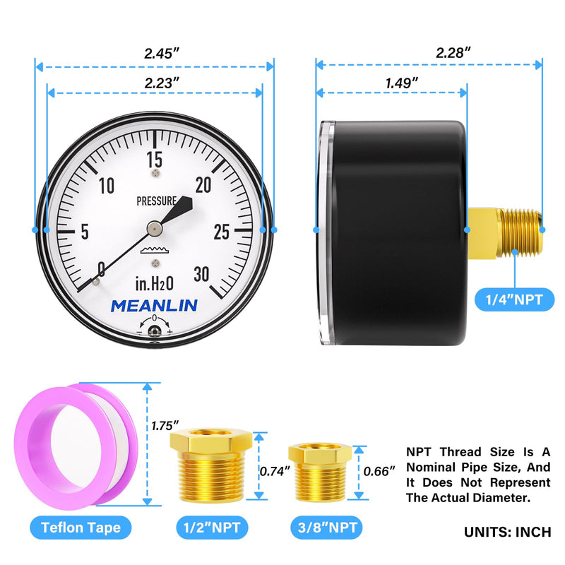 MEANLIN MEASURE 0-30 in H2O Diaphragm Type Capsule Low Pressure Gauge 1/4" NPT 2-1/4" FACE DIAL Adjustable Water Column Gauge, with 1/2" NPT and 3/8" NPT Hex Bushing, Back Mount 0~30 in H2O