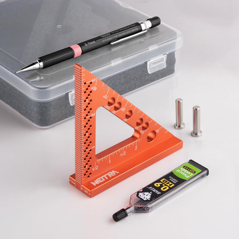 Neitra Small Square Ruler with Fixed Angle Pin, Accurate Compact Aluminum Alloy Mini Squares with Laser Etched Markings, Includes a Mechanical Pencil for Carpenter Woodworking Furniture Projects Orange 3.5 Inch
