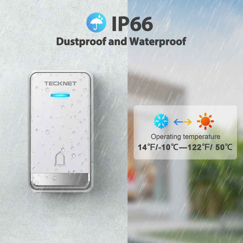 TECKNET Wireless Doorbell, Self-Powered Doorbell, 0-110db Plug-through Wireless Doorbell Ringer for Homes Classroom, IP66 Waterproof 1300ft Door Chime with Extra Socket, 60 Chimes, LED Light (White) 2 Receivers + 1 Button White