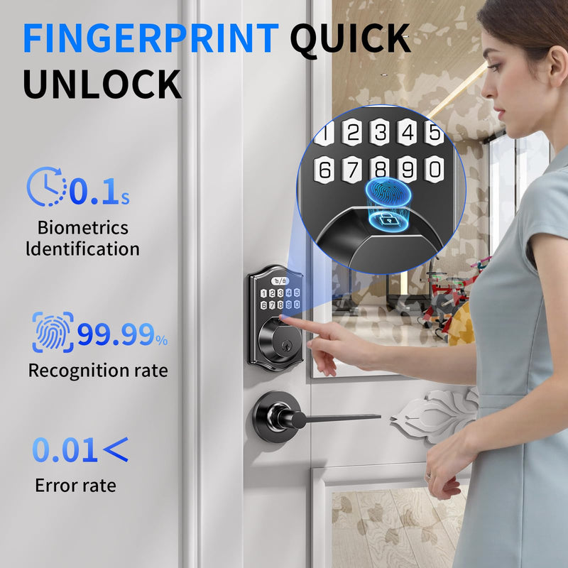 Smart Door Lock Set for Front Door with 2 Lever Handles: Keyless Entry via Fingerprint & Digital Keypad - Electronic Deadbolt App Control and Auto Lock for Easy Installation & Family Security Black
