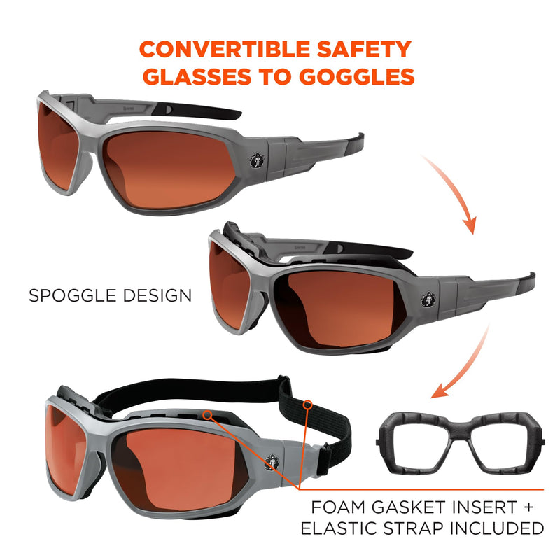 Ergodyne Skullerz Loki Convertible Polarized Safety Sunglasses, Copper Lens-Includes Gasket and Strap to Convert to Goggle,Polarized Copper Lens, Gray Frame Polarized Copper Lens, Gray Frame
