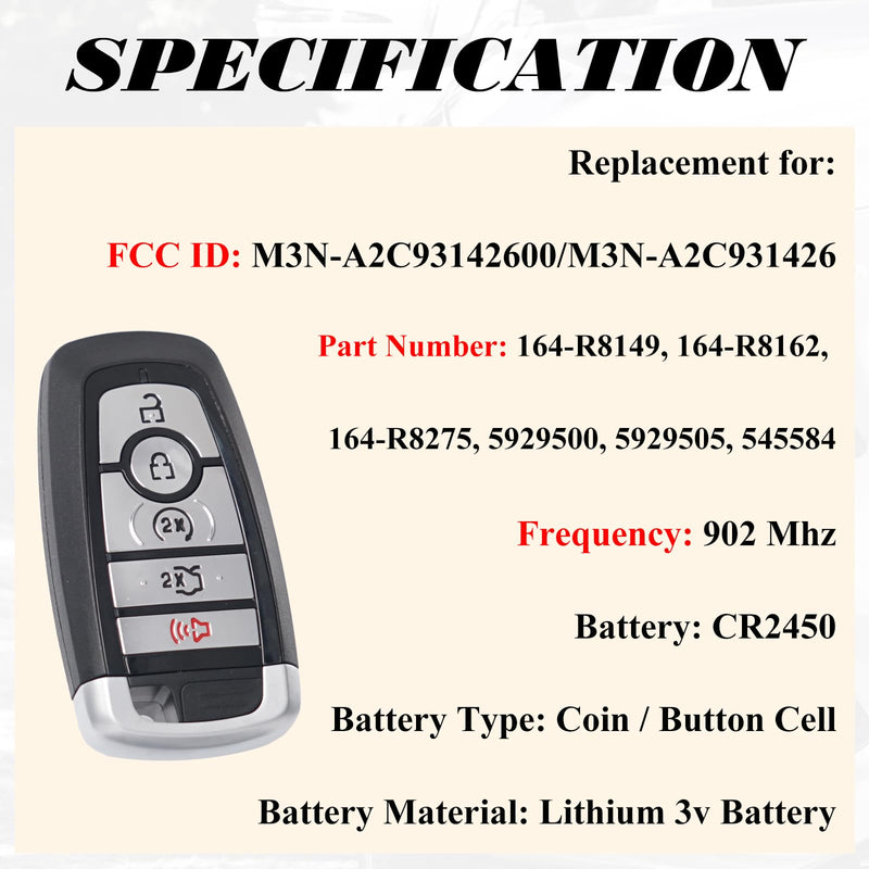 5Buttons Key Fob Replacement Compatible for Ford Fusion 2017-2021 Mustang 2018-2022 Mustang Cobra 2019-2022 Push Start 5 Button Keyless Entry Remote Start Control M3N-A2C93142600