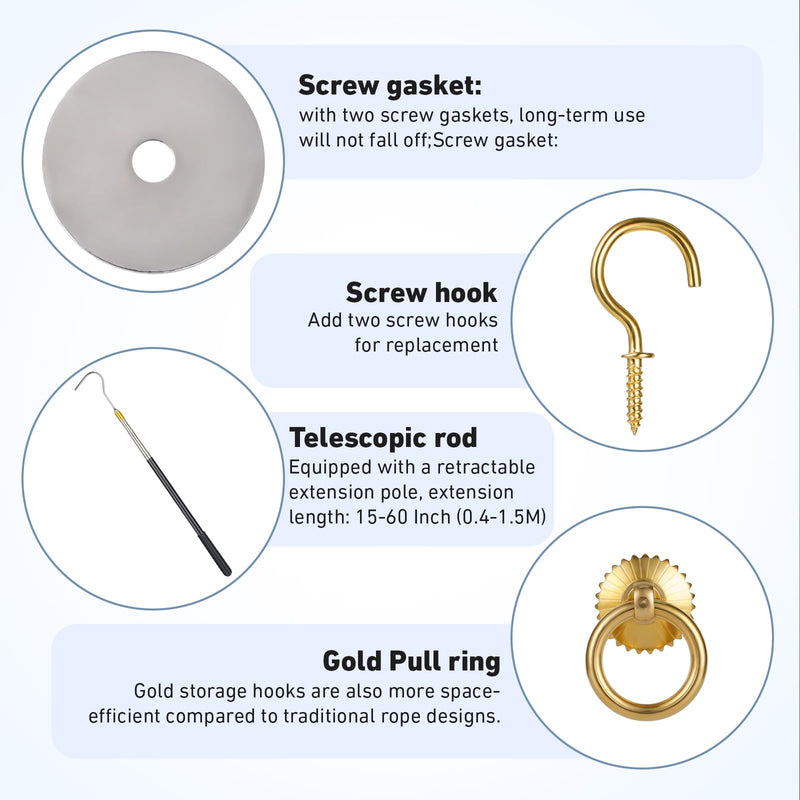 Attic Ladder Pull System Kit - Attic Pull Down System Hook Set Replacement for Cord Ropes with 60 Inch Extension Pole and Copper Storage Hook Handle Parts Tool